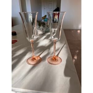 2 Vtg Pink Rose' Stem Champagne Glasses Flutes - Blush Pink Flared Wine Flutes